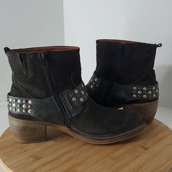 Josef Seibel Toni Studded Harness Suede Side Zip Booties Black Silver Size EU 38 - Picture 4 of 11